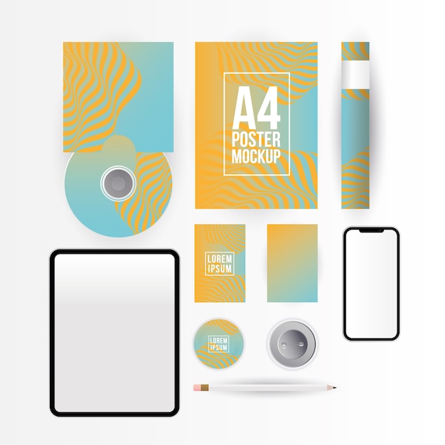 Vector mockup tablet smartphone cd y diseño de póster a4 de plantilla de identidad corporativa y tema de marca