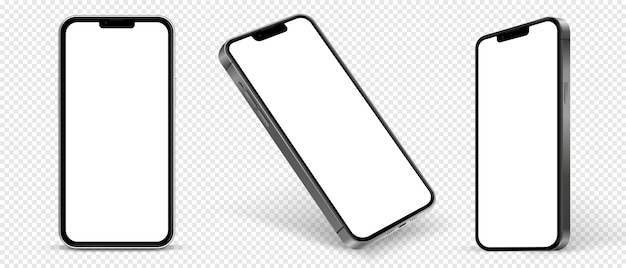 Mockup de teléfono inteligente de alta calidad en 3D con diferentes ángulos y fondo aislado para mostrar la aplicación móvil
