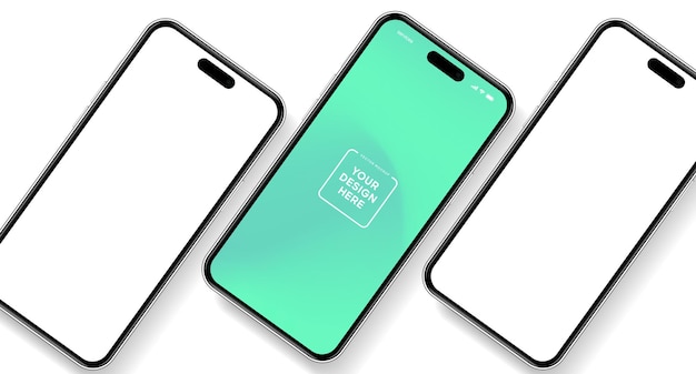 Mockup de teléfono inteligente de alta calidad en 3D con diferentes ángulos y fondo aislado para mostrar la aplicación móvil