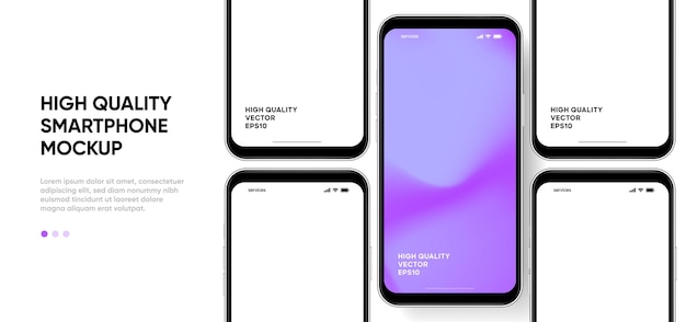 Mockup de teléfono inteligente de alta calidad en 3D con diferentes ángulos y fondo aislado para mostrar la aplicación móvil