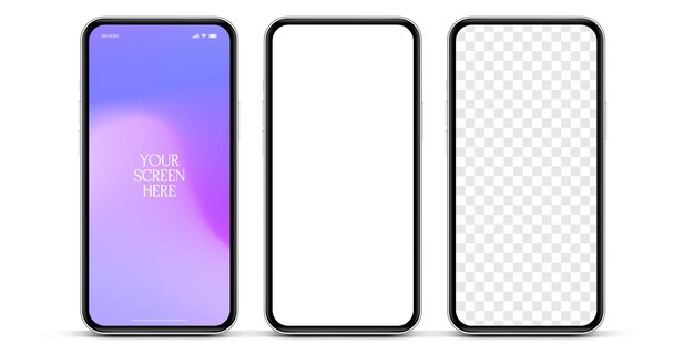 Mockup de teléfono inteligente de alta calidad en 3D con diferentes ángulos y fondo aislado para mostrar la aplicación móvil