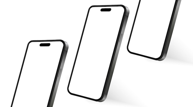 Mockup de teléfono inteligente de alta calidad en 3D con diferentes ángulos y fondo aislado para mostrar la aplicación móvil