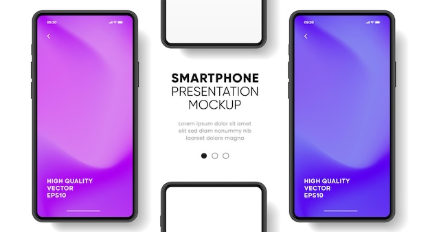 Mockup de teléfono inteligente de alta calidad en 3D con diferentes ángulos y fondo aislado para mostrar la aplicación móvil