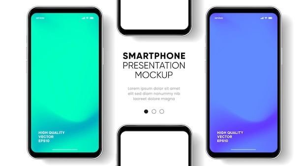 Mockup de teléfono inteligente de alta calidad en 3D con diferentes ángulos y fondo aislado para mostrar la aplicación móvil