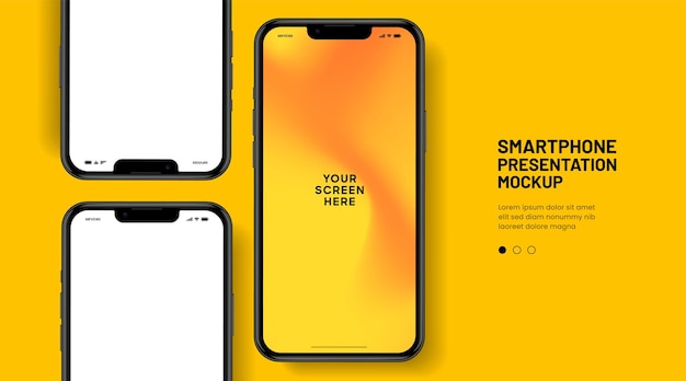 Mockup de teléfono inteligente de alta calidad en 3D con diferentes ángulos y fondo aislado para mostrar la aplicación móvil