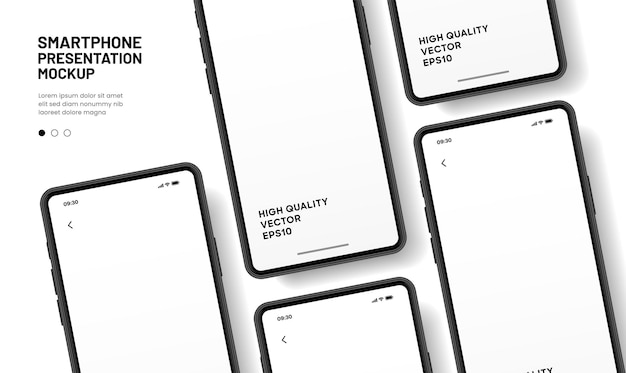 Mockup de teléfono inteligente de alta calidad en 3D con diferentes ángulos y fondo aislado para mostrar la aplicación móvil