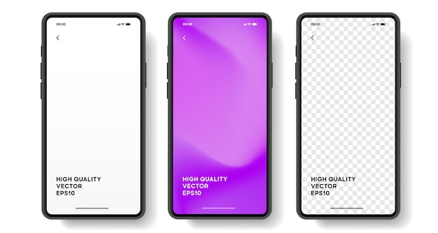 Mockup de teléfono inteligente de alta calidad en 3D con diferentes ángulos y fondo aislado para mostrar la aplicación móvil