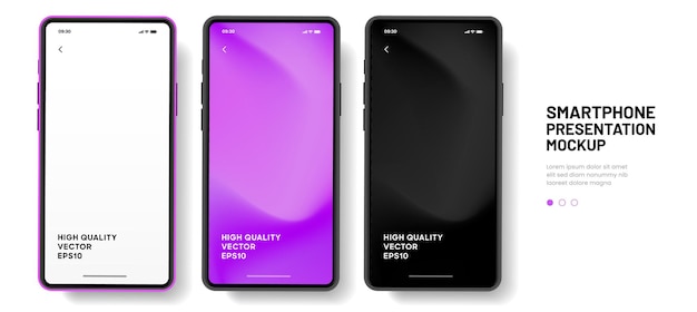Mockup de teléfono inteligente de alta calidad en 3D con diferentes ángulos y fondo aislado para mostrar la aplicación móvil