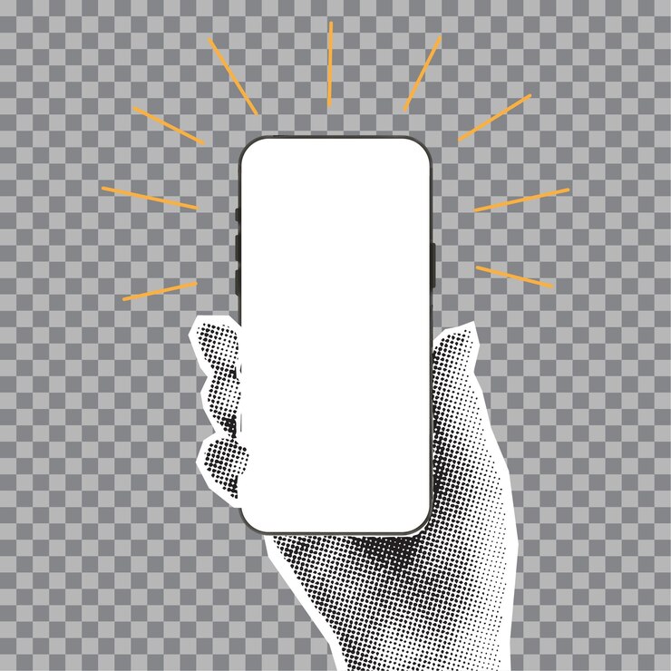 Mockup de teléfono móvil en la mano Ilustración vectorial con teléfono en la mano con pantalla en blanco aislada en fondo a cuadros Elemento de corte de papel para la decoración de pancartas y carteles