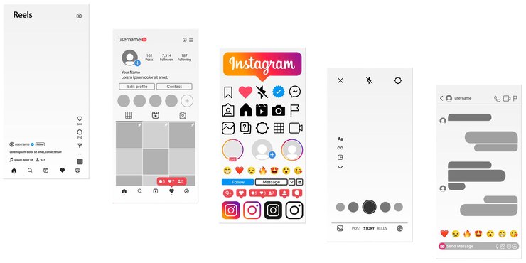 Vector mockup vectorial de redes sociales de instagram para el iphone 16 con reels live y historias