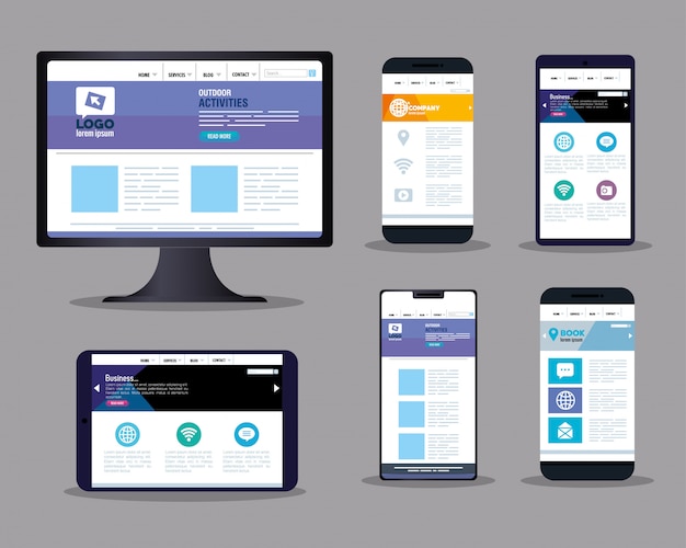 Vector mockup web responsive, desarrollo de sitios web de concepto, en dispositivos electrónicos