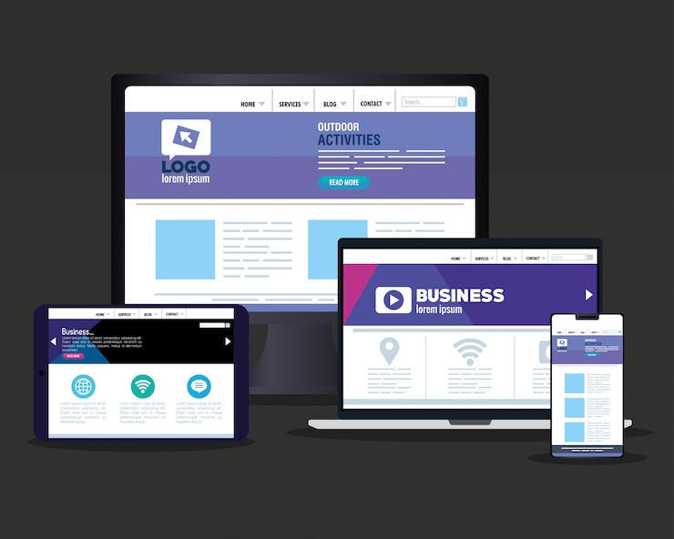 Vector mockup web responsive, desarrollo de sitios web de concepto, en dispositivos electrónicos