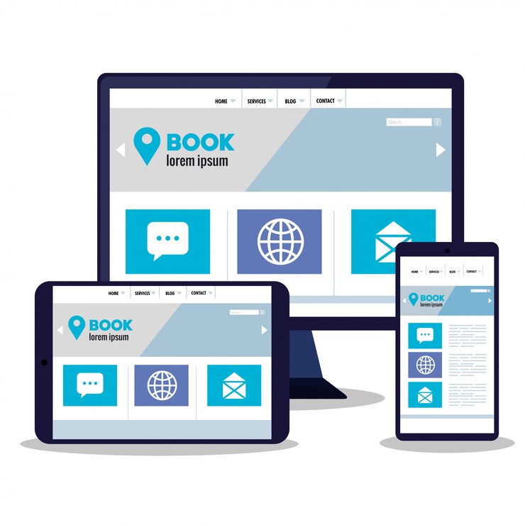 Vector mockup web responsive, desarrollo de sitios web de concepto en dispositivos electrónicos