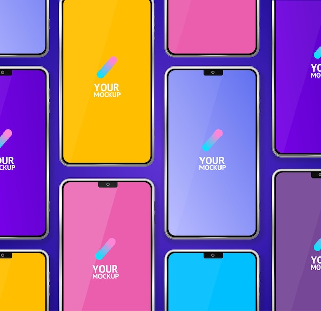 Mockups de teléfonos móviles de diferentes colores Fondo de patrón sin costuras Plantilla de visualización de vista frontal Ilustración vectorial de Smartphone