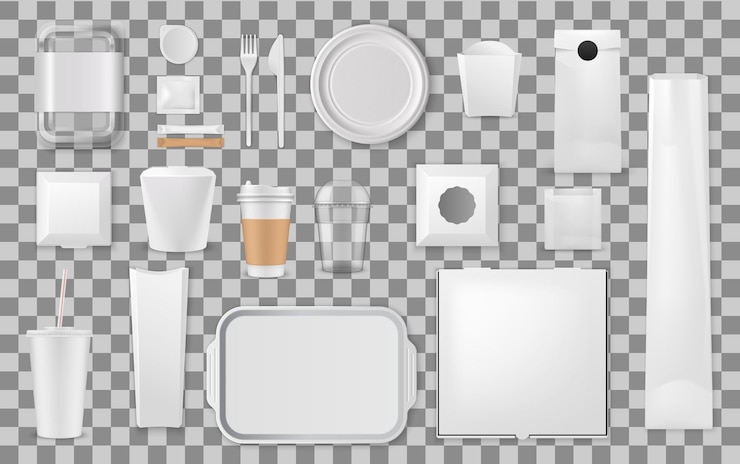 Vector mockups de utensilios desechables y paquetes.