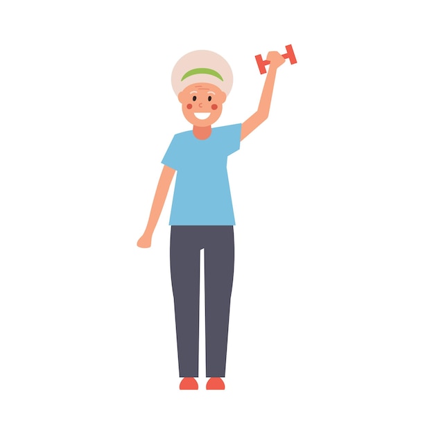 En la moda, una abuela moderna con mancuernas en las manos hace ejercicios de fitness. Ilustración totalmente editable. Perfecto para tarjetas de información, carteles, folletos, tendencias y temas de fitness.