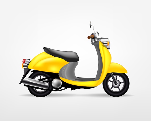 Moda amarillo scooter eléctrico, sobre fondo blanco. Moto eléctrica, plantilla para branding y publicidad.