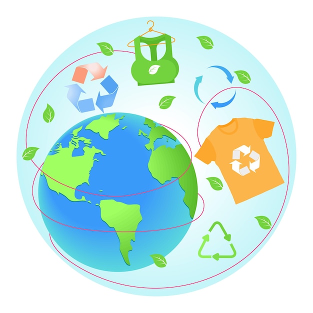 Moda circular con ropa ecológica y símbolos de reciclaje orientados a nivel mundial