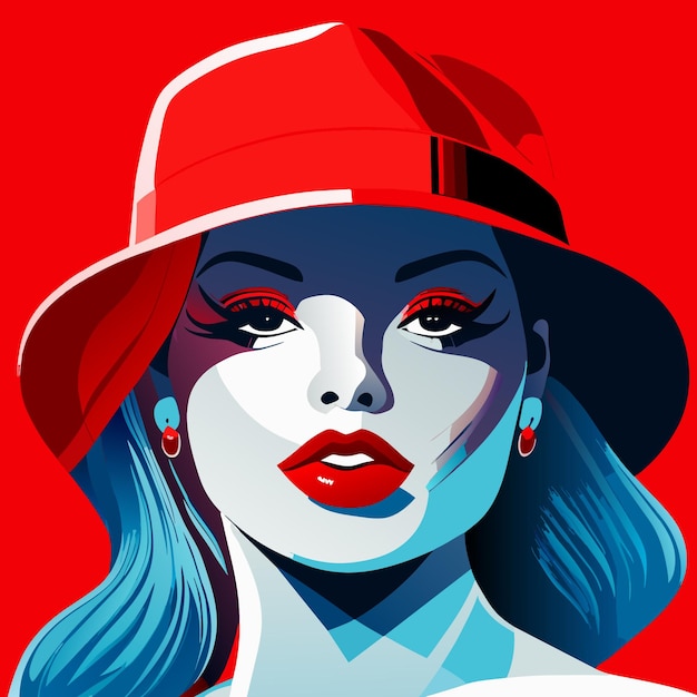 Vector moda de glamour de labios rojos de gorra de mezclilla de mujer bonita