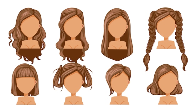 Vector moda moderna del peinado hermoso de la mujer marrón del pelo para el surtido.