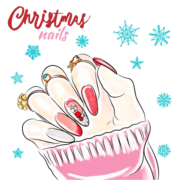 Vector uñas de moda con uñas de navidad dibujadas a mano de papá noel