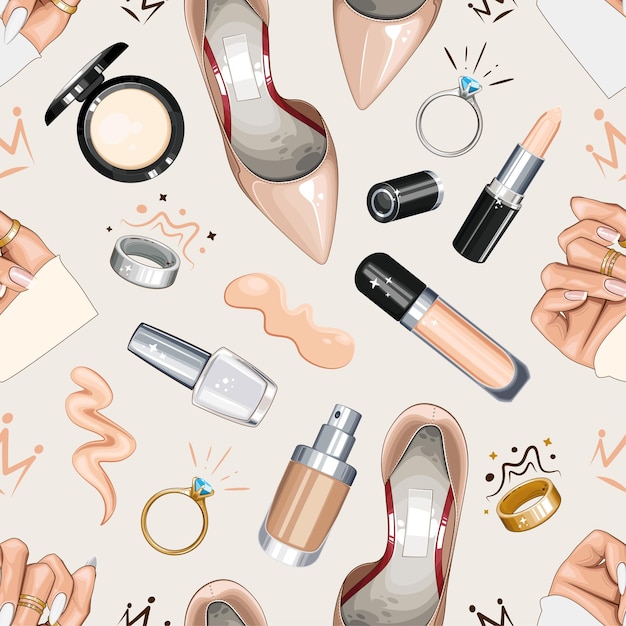 Moda patrón sin costura con zapatos uñas manicura maquillaje belleza fondo sin costura
