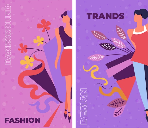 Moda y tendencias ropa contemporánea y lujosos trajes elegantes Pancartas publicitarias y trajes de moda para damas Modelos con follaje y decoración floreciente Vector de estilo plano