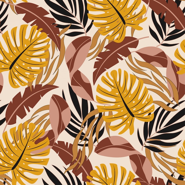 Moda tropical de patrones sin fisuras con hermosas hojas y plantas naranjas y rojas