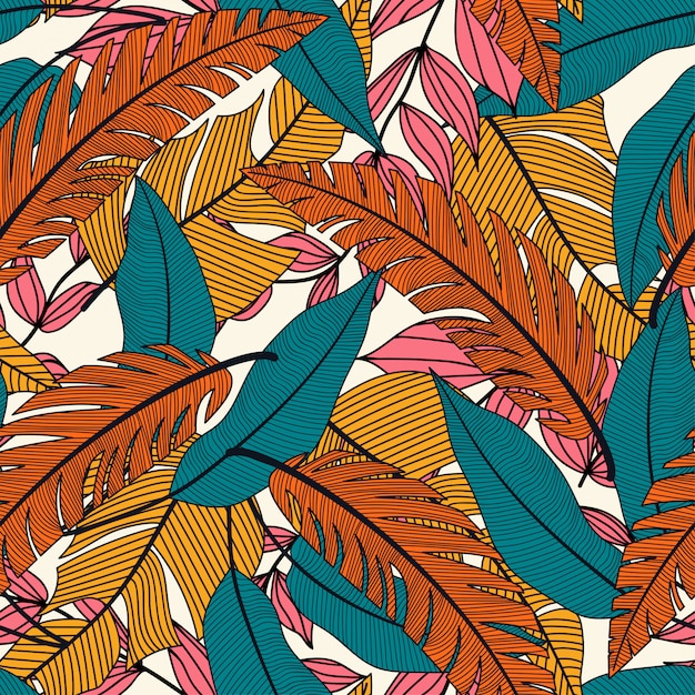 Moda tropical de patrones sin fisuras con plantas y hojas en amarillo sobre fondo blanco.