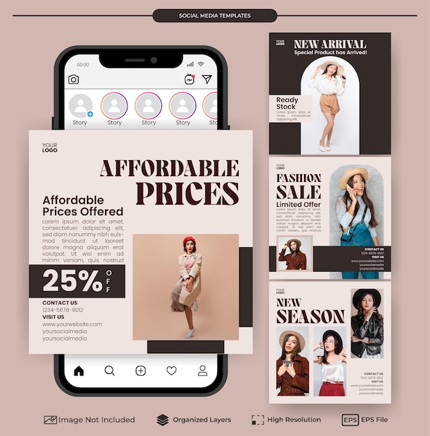 Modalidad de minimalismo femenino plantilla de redes sociales para publicidad y promoción de productos