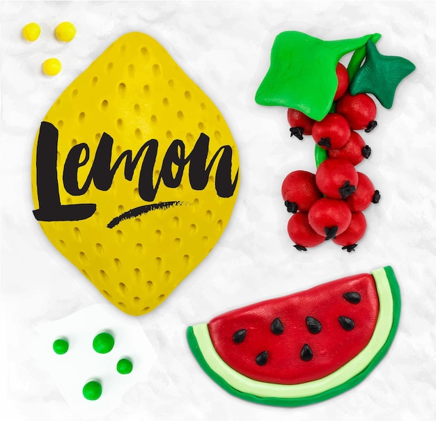 Modelado de plastilina frutas limón sandía grosella improvisada