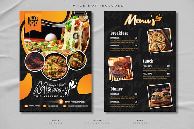 Modelo A4 de dos caras del menú creativo de comida de un restaurante