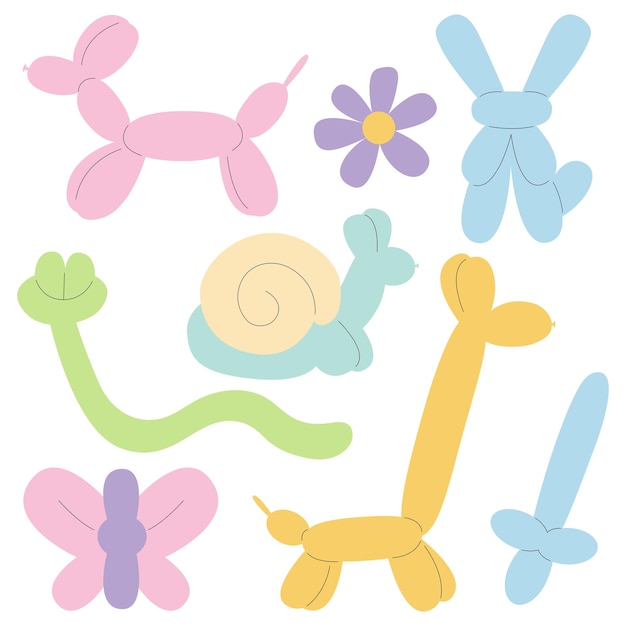 Modelo de animales en globo conjunto plano vectorial Diferentes animales y flores hechos de conjunto plano de globo