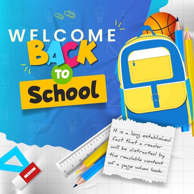 Modelo de banner de publicación de redes sociales de regreso a la escuela con papel a cuadros y elementos de aprendizaje