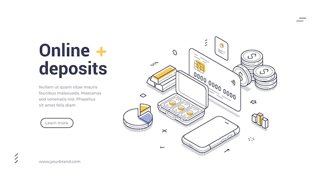 Modelo de banner web atractivo que muestra depósitos en línea con un diseño isométrico moderno