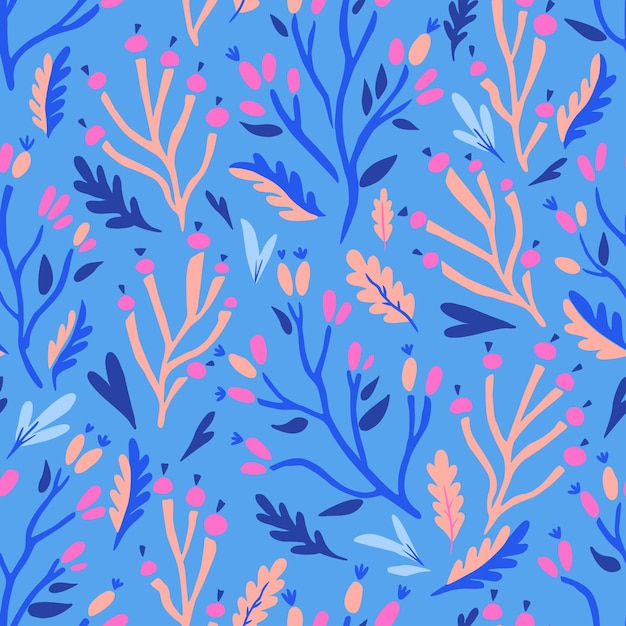 Modelo botánico de garabateo colorido Impresión vectorial con elementos vegetales simples dibujados a mano