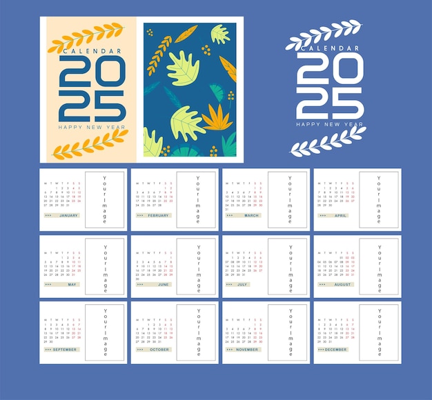 Modelo de calendario de 2025 Vector estilo de flores abstractas