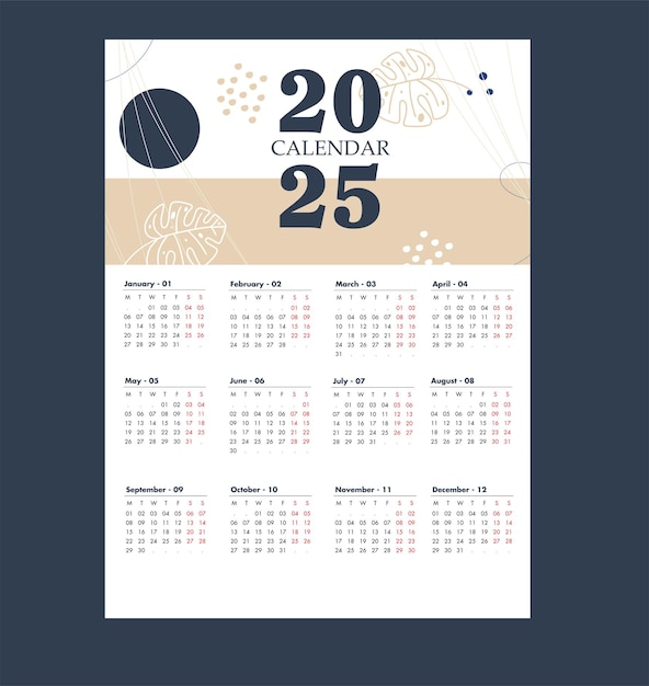 Modelo de calendario de 2025 Vector estilo de flores abstractas