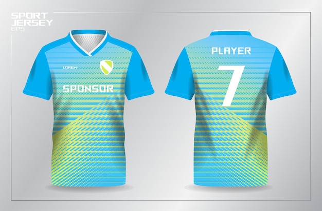 modelo de camiseta deportiva azul y amarilla para fútbol y fútbol