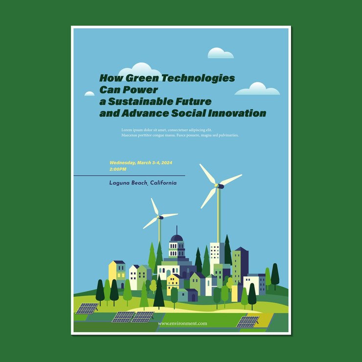 modelo de cartel y folleto de paisaje urbano del concepto de energía ecológica y verde