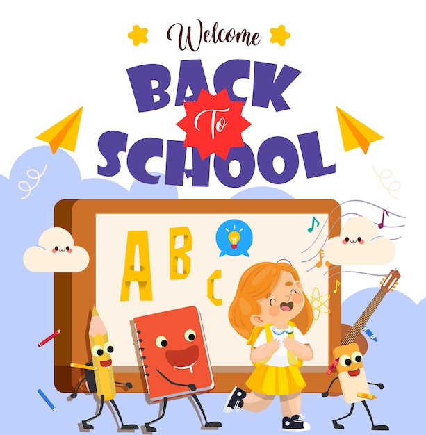 Modelo de cartel de regreso a la escuela elementos educativos dinámicos y divertidos para niños