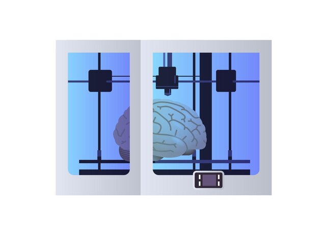 el modelo del cerebro se imprime en la bioimpresora 3d impresión médica del concepto de bioimpresión de la ingeniería biológica del órgano de trasplante humano ilustración vectorial horizontal