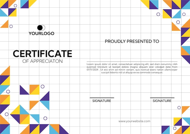 Modelo de certificado de aprecio con diseño geométrico colorido