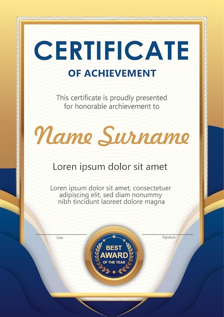 Modelo de certificado azul y dorado