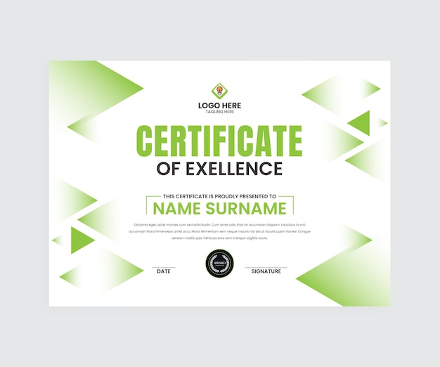 Modelo de certificado de diseño para el logro y la excelencia Certificado de color verde