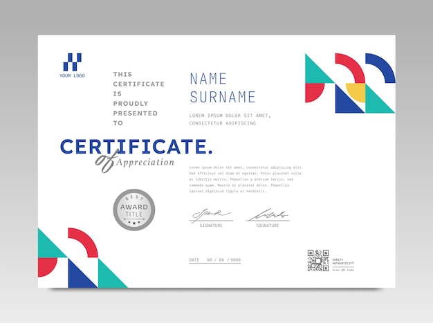 Modelo de certificado de diseño moderno con fondo geométrico abstracto en tamaño A4 horizontal