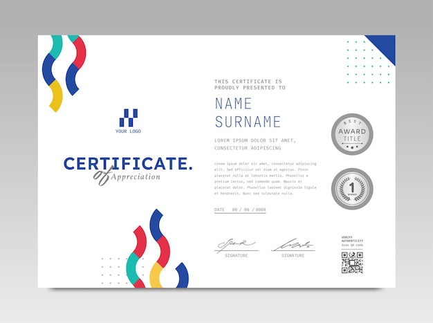 Modelo de certificado de diseño moderno con fondo geométrico abstracto en tamaño A4 horizontal