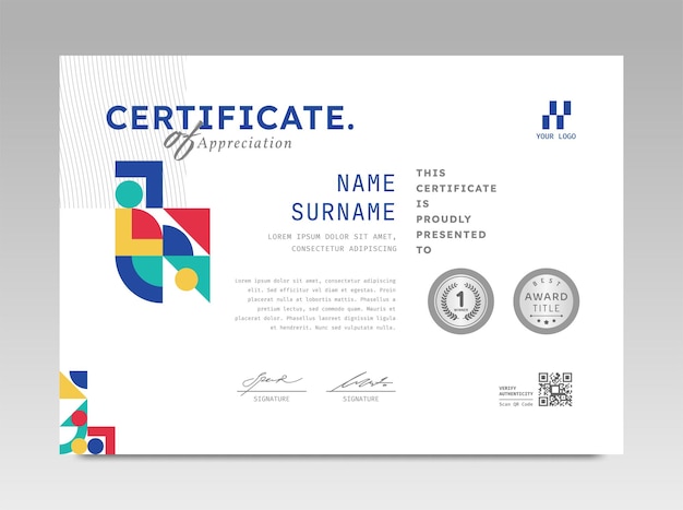 Modelo de certificado de diseño moderno con fondo geométrico abstracto en tamaño A4 horizontal