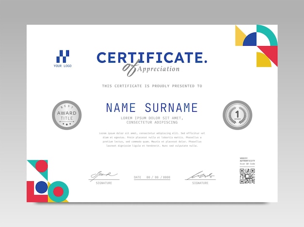 Modelo de certificado de diseño moderno con fondo geométrico abstracto en tamaño A4 horizontal
