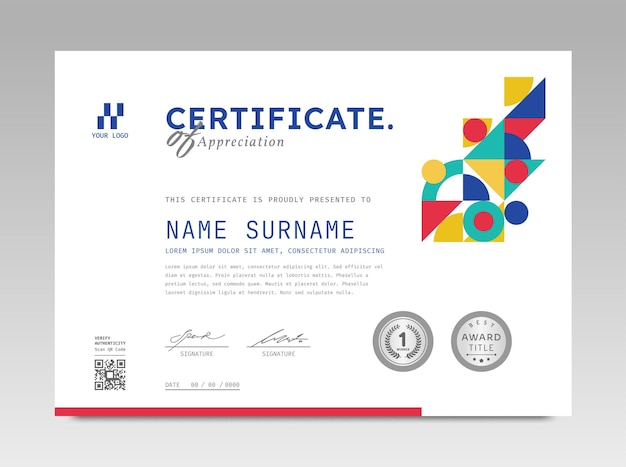 Modelo de certificado de diseño moderno con fondo geométrico abstracto en tamaño A4 horizontal